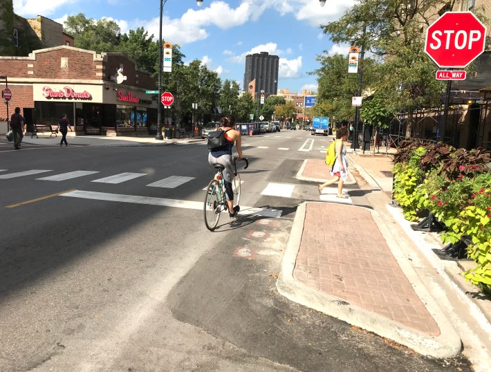 New bumpouts and a bit of bike lane at Aldine/Broadway. Photo: John Greenfield