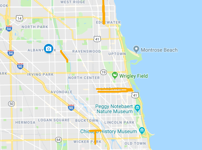 All of this year's neighborhood greenway projects, which require ward funding, are taking place in North Side neighborhoods. Image: Google Maps