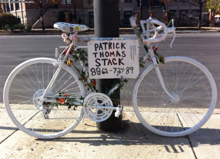 The ghost bike installed for Stack at the crash site. Photo: Andrew Bedno