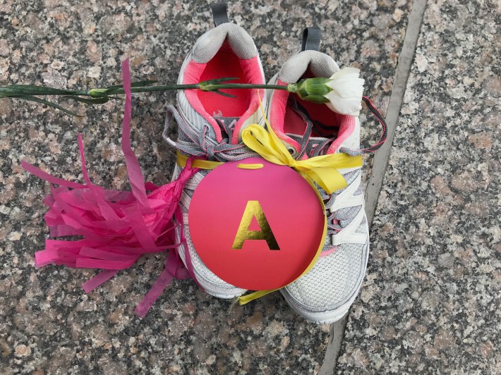 Loved ones of Angela Park, who was fatally struck on her bike in Greektown in August, adorned a pair of shoes with hot pink, her favorite color. Photo: John Greenfield