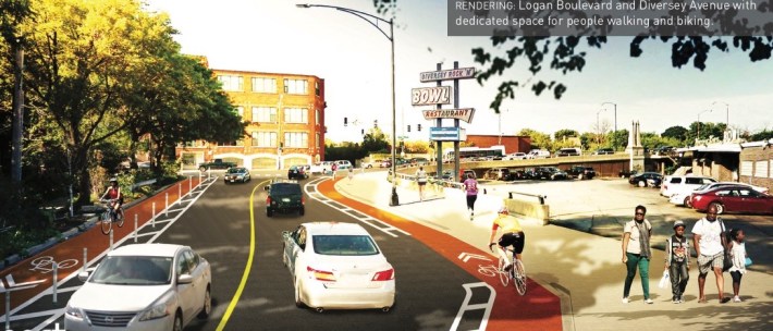 Rendering of new bike lanes on Logan south of Diversey.