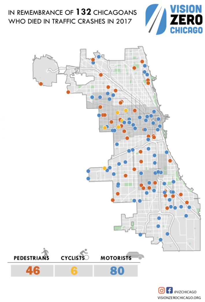 A CDOT map of the 132 traffic deaths on Chicago streets in 2017. A seventh bike fatality, which occurred at a Metra crossing in South Shore, is not included.
