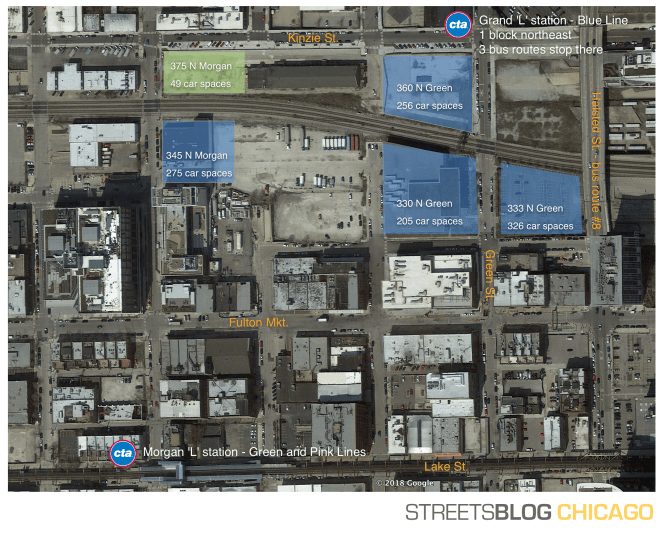 The Sterling Bay projects (blue) including and near 333 North Green will include a total of 1,062 car spots. Map: Steven Vance