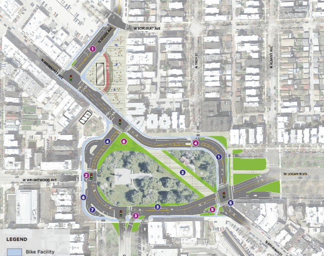 Option 4, the "Two Way, The Bend" scenario, would implement two-way traffic around Logan Square and reconfigure Kedzie to create a new plaza. Image: CDOT