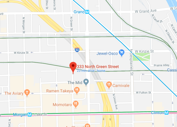 The Gr333n building will be located a short walk from the Grand/Milwaukee, Morgan, and Clinton 'L' stations. Image: Google Maps