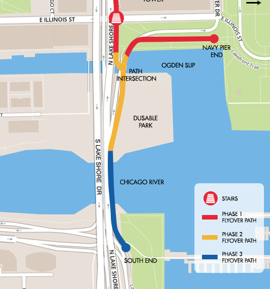 The last two phases of the flyover, crossing the Ogden Slip and the Chicago River, still need to be completed. Image: CDOT