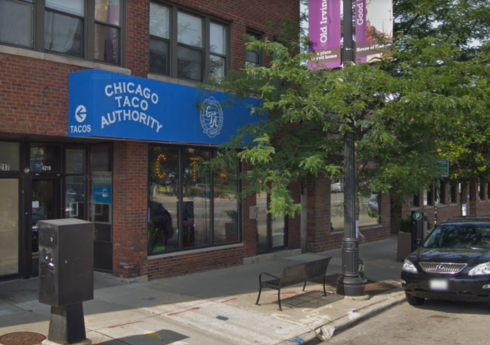 Chicago Taco Authority near the Irving Park Blue stop. The logo is the old CTA token design. Image: Google Maps