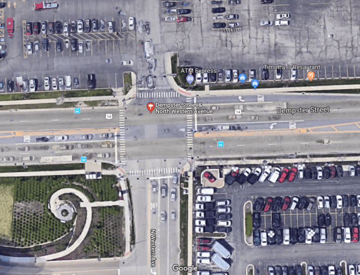 The pedestrian-hostile intersection where Michael Horcher was struck. Image: Google Maps