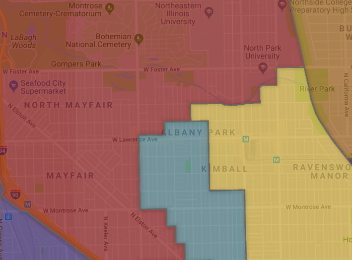 The 33rd (yellow), 35th (blue), and 35th (red) ward portions in Albany Park.