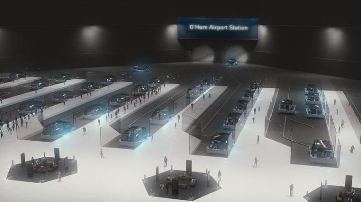 A rendering of the the "electric sleds" at O'Hare from Musk's Boring Company, with roughly the same level of realism as the illustration at the top of this post.