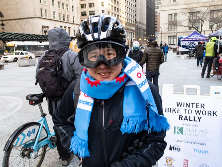 Vincci Fung sports a scarf given out by Keating Law Offices. Photo: Ann Evans for Active Trans