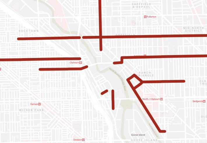 These streets will see induced demand from the new or expanded bridges over the Chicago River.