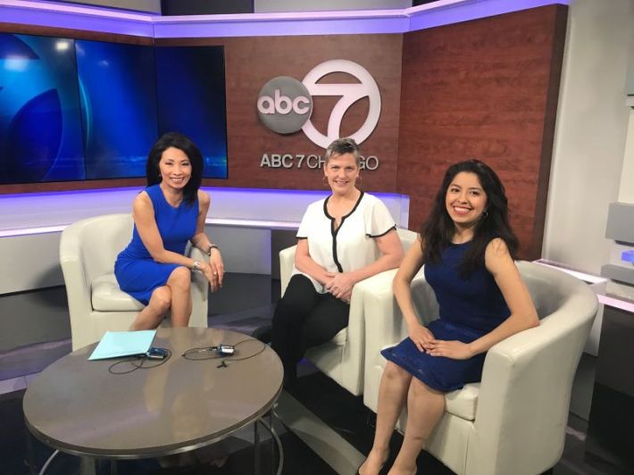 For a discussion about dockless bike sharing in Chicago, Lynda Lopez (right) appeared with Active Trans deputy director Melody Geraci (middle) on ABC7’s “Newsviews,” hosted by Judy Hsu (left).