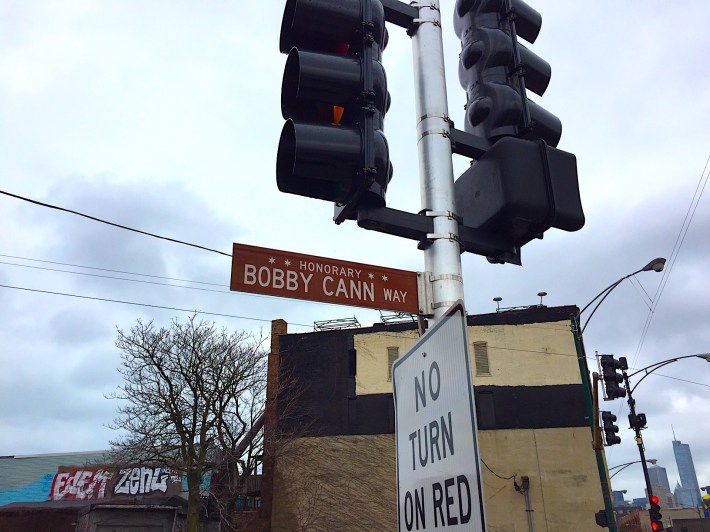 The new honorary street sign for Bobby Cann, located at the southeast corner of Clybourn and Larrabee. Photo: Marcus Moore