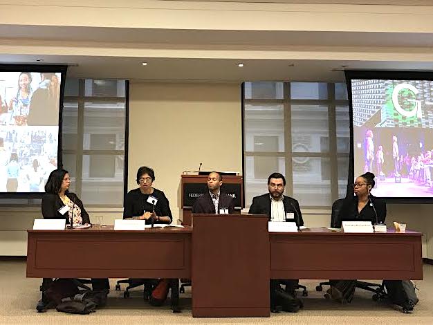 An elevated panel including Joanna Trotter, Nootan Bharani, Justin Garrett Moore, Christian Diaz, and Shandra Richardson. Photo: Lynda Lopez