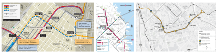 (left) Los Angeles’ Regional Connector; (center) San Francisco’s Central Subway; (right) Dallas’s D2 Subway