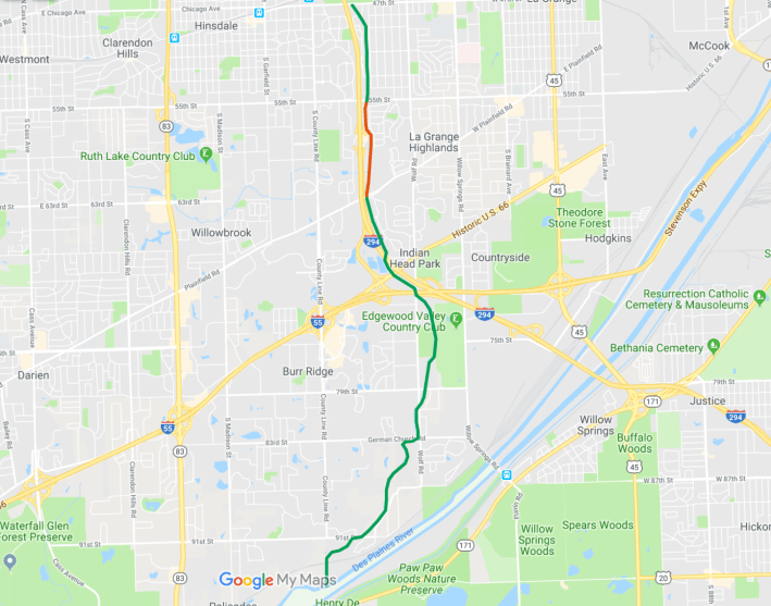 The proposed one-mile stretch of bike path in Western Springs (red) and the possible future linear park (green). Image: Google Maps