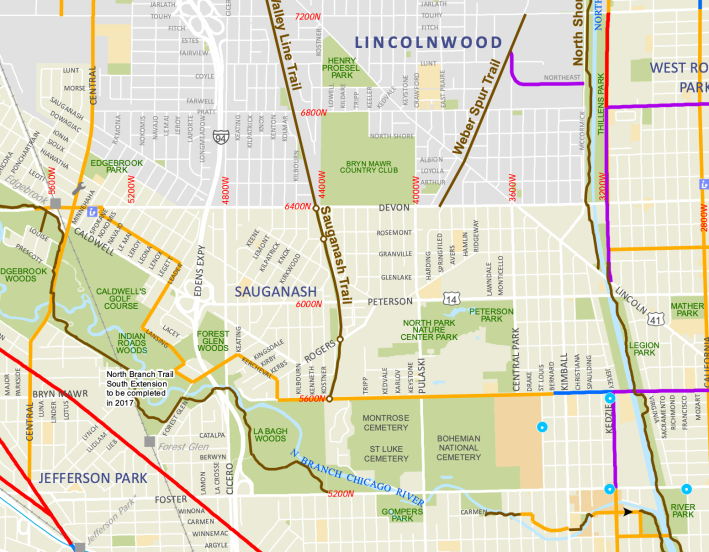 Detail from CDOT's Chicago Bike Map showing the North Brnach Trail, the Valley Line Trail, and the existing segment of the Weber Spur Trail in Lincolnwood.
