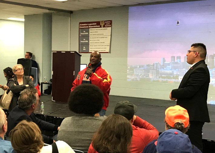 A former Marine and Lathrop Homes resident voices support for building more affordable housing in the area. Photo: John Greenfield