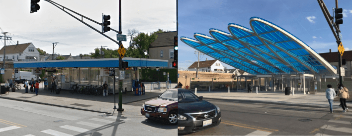Before and after views of the Belmont Blue station. Photos: Google Maps, John Greenfield