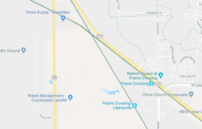 The two different Prairie Crossing stations. Image: Google Maps