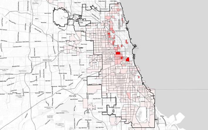 Pink or red on this map indicates a non-affluent Census tract. The deeper the color, the more ride-hailing trips originated there.