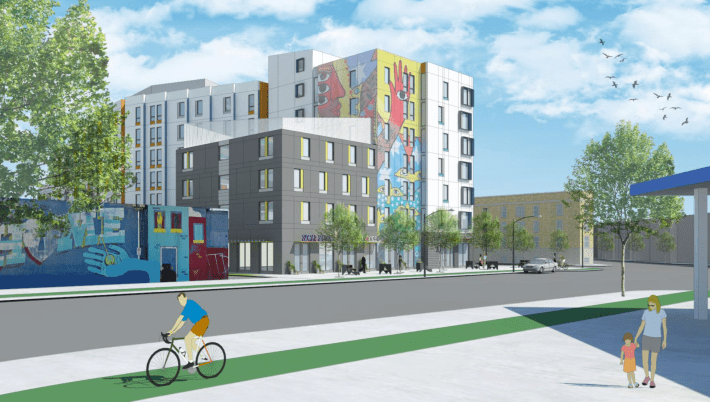 Rendering of the proposed Logan Square affordable transit-oriented development.