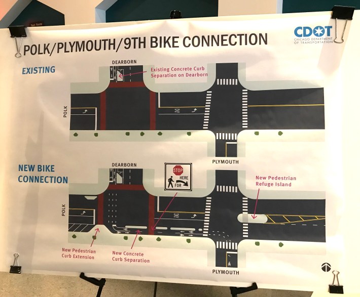 CDOT will be building a short stretch of two-way concrete-protected bike lane on the south side of Polk.