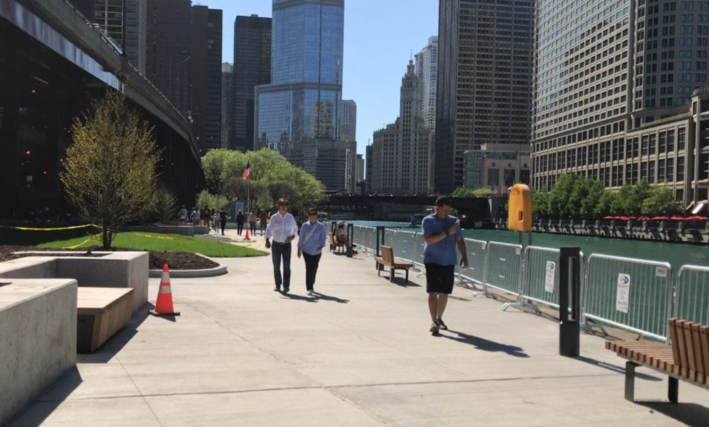 The recently rehabbed eastern riverwalk -- presumably the riot fence will be removed soon. Photo: John Greenfield