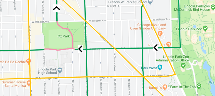 Dickens appears as a westbound route on the Mellow Chicago Bike Map.