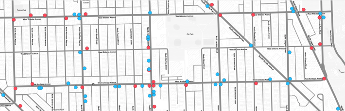A map of Dickens showing driver/pedestrian (red) and driver/cyclist (blue) crashes from 8/11/15 to 5/31/19. The presence of Oz Park, which discourages cut-through traffic by drivers, helps explain the relatively low crash rate compared to busier nearby streets. Map: Steven Vance