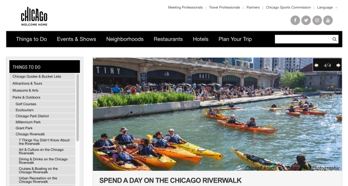 The tourism webpage encouraging people to ride bikes on the riverwalk.