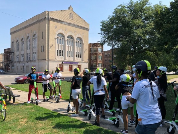 Youth test-rode scooters in North Lawndale last summer. Photo: Lime