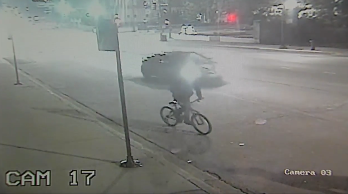 Surveillance footage shows the speeding driver passing the third of three cyclists before critically injuring the first one.