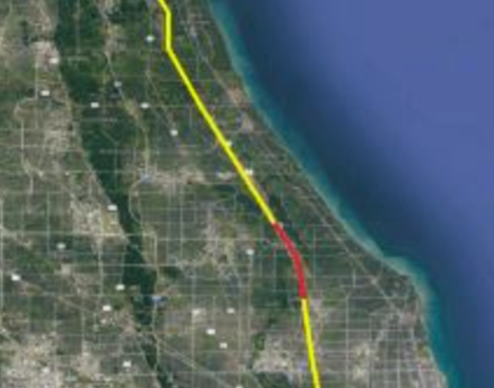 The Skokie Valley Greenway route. The extension (red) would fill in the missing gap.