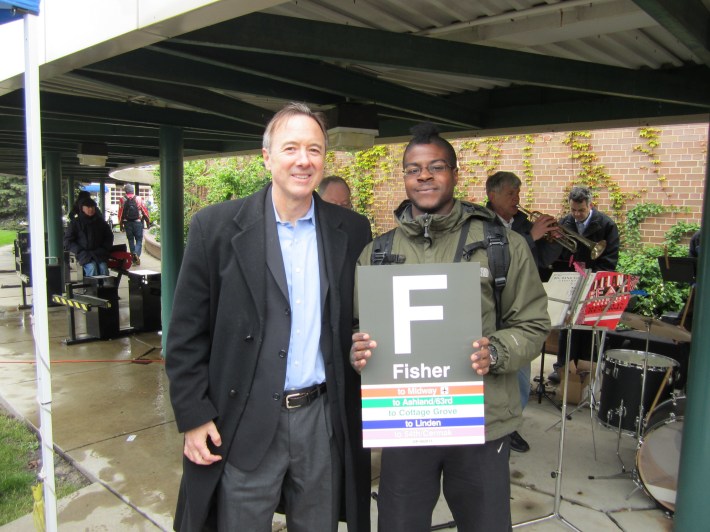 Previous 'L' Challenge winner Adham Fisher at the Linden station with former CTA president Forrest Claypool. Photo: John Greenfield