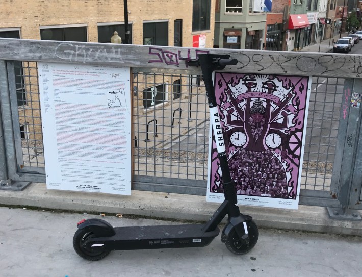 A scooter left on The 606 in Bucktown. Photo: John Greenfield