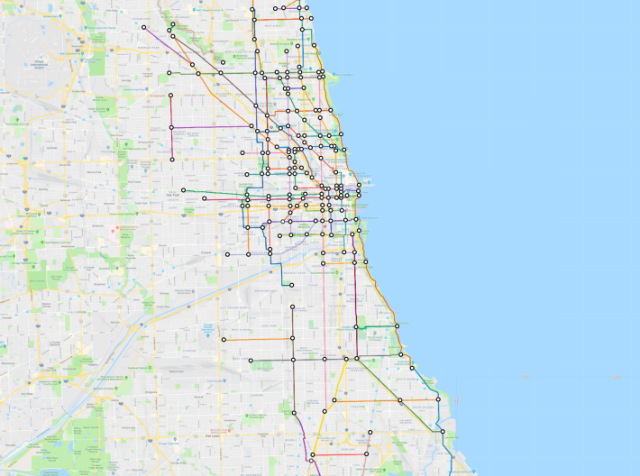There's a much higher density of marked bikeways on the North and Northwest sides than on the West and South sides. Image: Google Maps