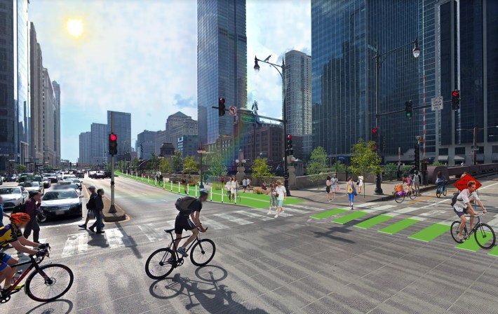 Rendering of the proposed protected bike lane on Upper Wacker Drive.