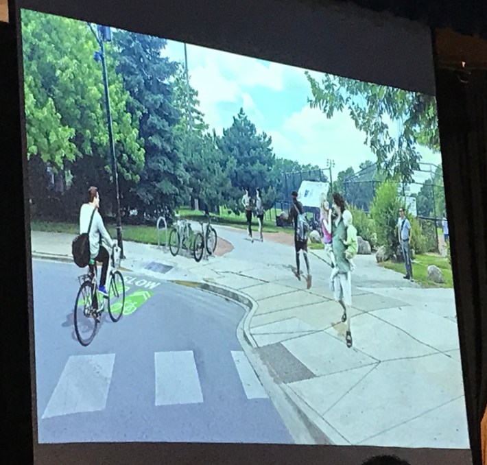 Proposed entrance to the park at Howe Street with new bike racks.