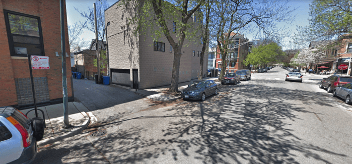 The nearest bike rack is 190' away from the restaurant, on the other side of an alley across the street. Image: Google Maps