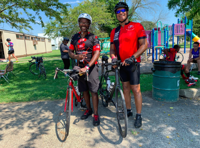 Reed riding together with Dr. Kevin Lyles for 101 out of 126 miles at the 2019 Two Rivers Century Ride on August 4, 2019 in Kankakee County, Illinois.