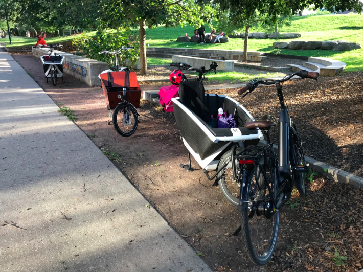 Box bikes parked outside the meeting. Photo: John Greenfield