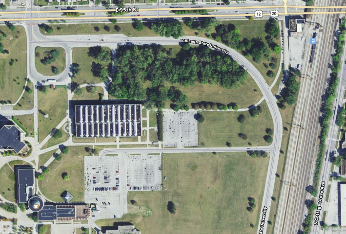 Aerial photo of the 95th/Chicago State University station (the station is in the upper-right corner). It has flag stop service only now, but it will become a scheduled Metra Electric stop. Image: Apple Maps