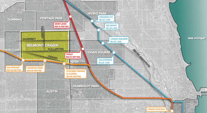 A map shows the location of Metra and CTA rail stations relative to the Belmont Cragin community area.