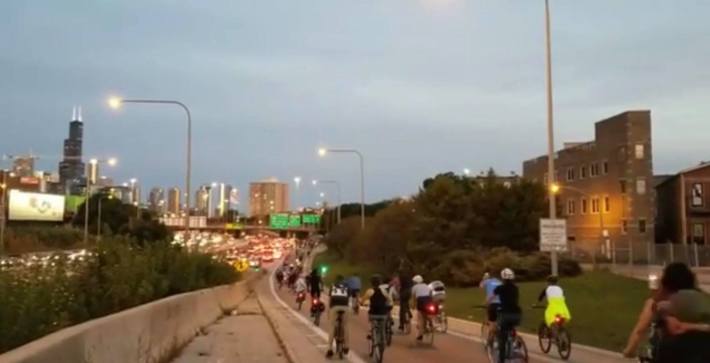Kids, don't try this at home. The Mass rolls onto the Kennedy Expressway at Augusta Avenue. Photo: Milos Otic