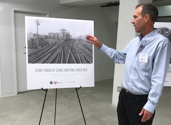 Bushell with a historic photo of the Clark Junction (seen in the top photo of this post), the future site of the flyover. Photo: John Greenfield