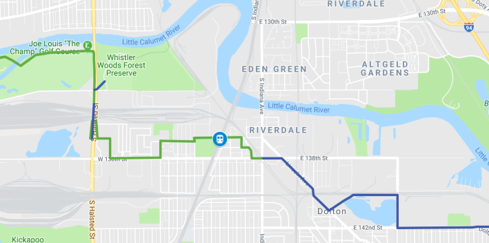 A section of the Cal-Sag Trail exists (green line) just south of Chicago's Riverdale community area (not to be confused with the suburb of Riverdale), west of Indiana Avenue. the section of trail east of Indiana Avenue (blue line) is currently under construction. Map: Friedns of the