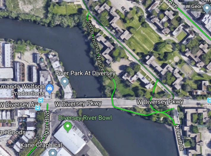 The old riverwalk configuration east of the river. Image: Google Maps