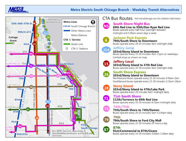 Some of the bus routes competing with the Metra Electric line. Image: Metra